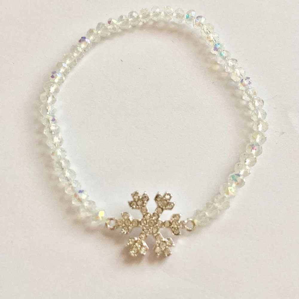 Crystal Snowflake Bracelet Beaded AB beads Silver Tone Stretch Christmas Winter